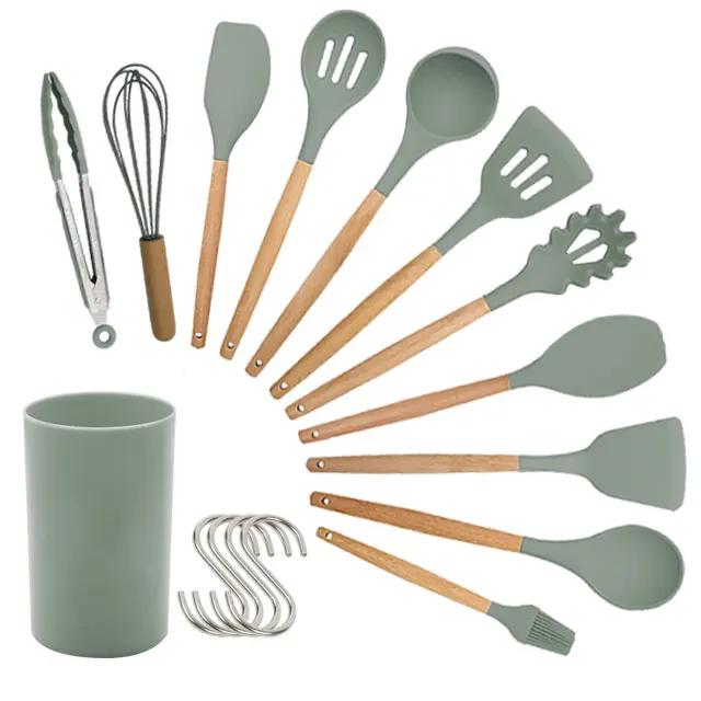 
Home and Kitchen Accessories 13 pcs Kitchen Utensils,Wooden Handles Non Toxic Silicone Cooking Spatula Set 