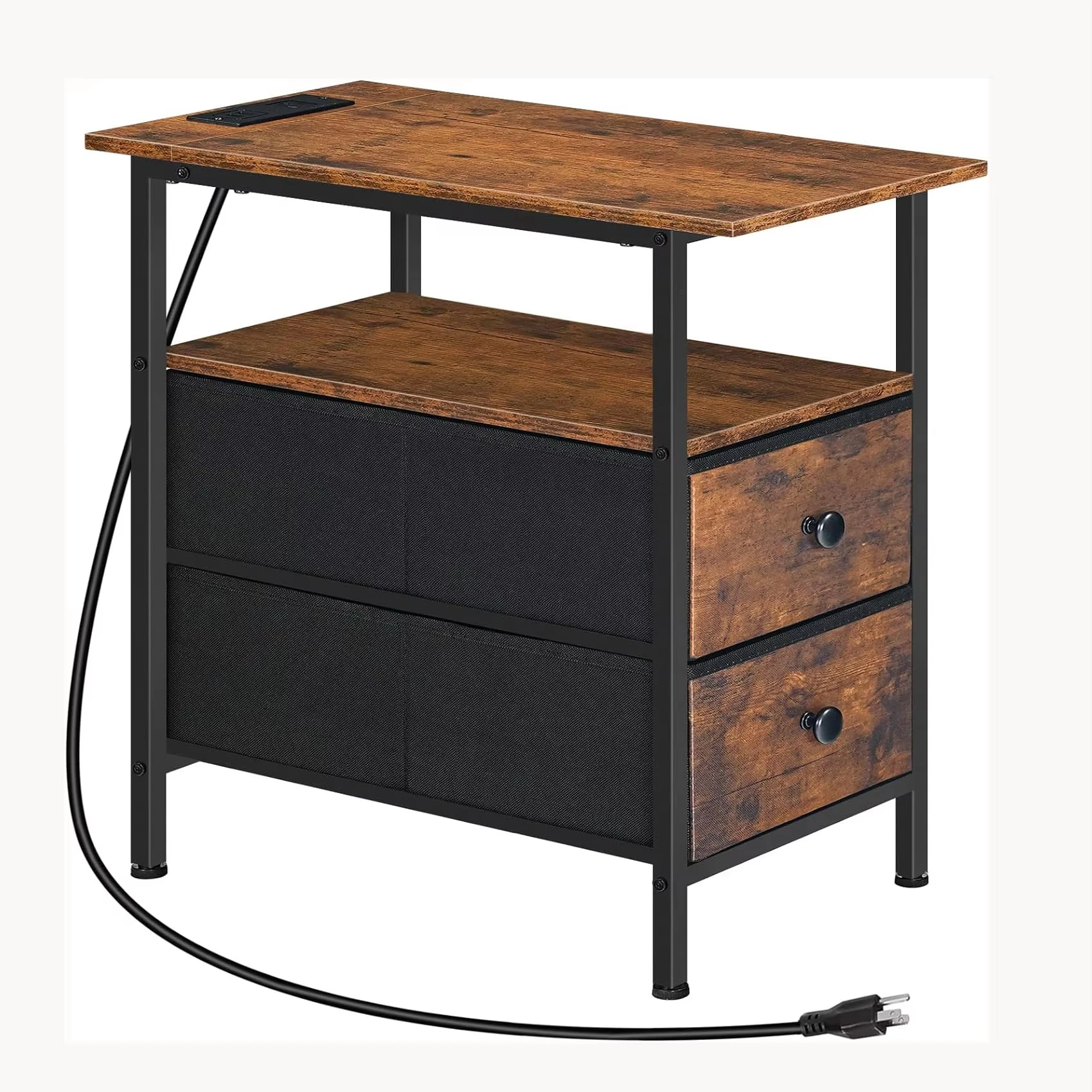 End Table with Charging Station, Narrow Side Table, Nightstand with 2 Non-Woven Drawers, Slim Sofa Side Table, for Small Spaces