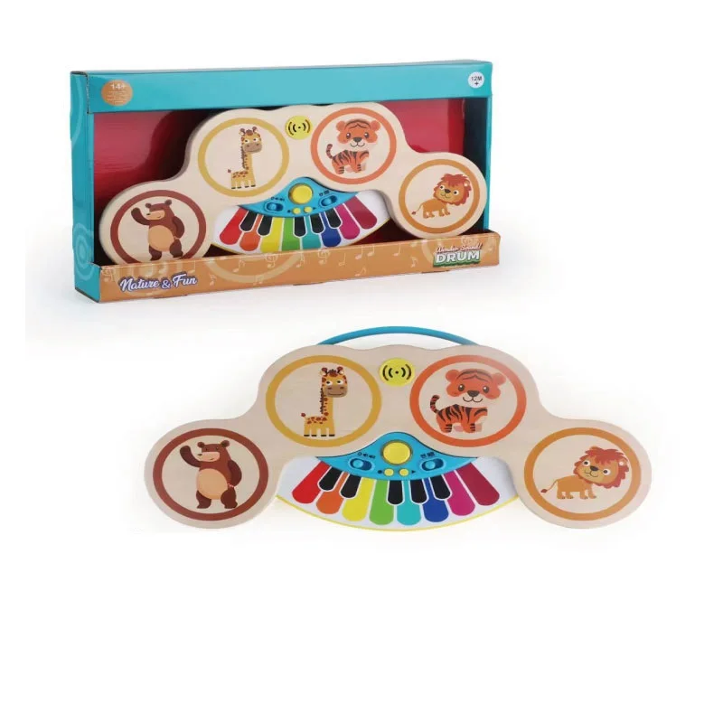 toy musical instrument 2 in 1 keyboards electronic hand drum wooden toy with light kid piano