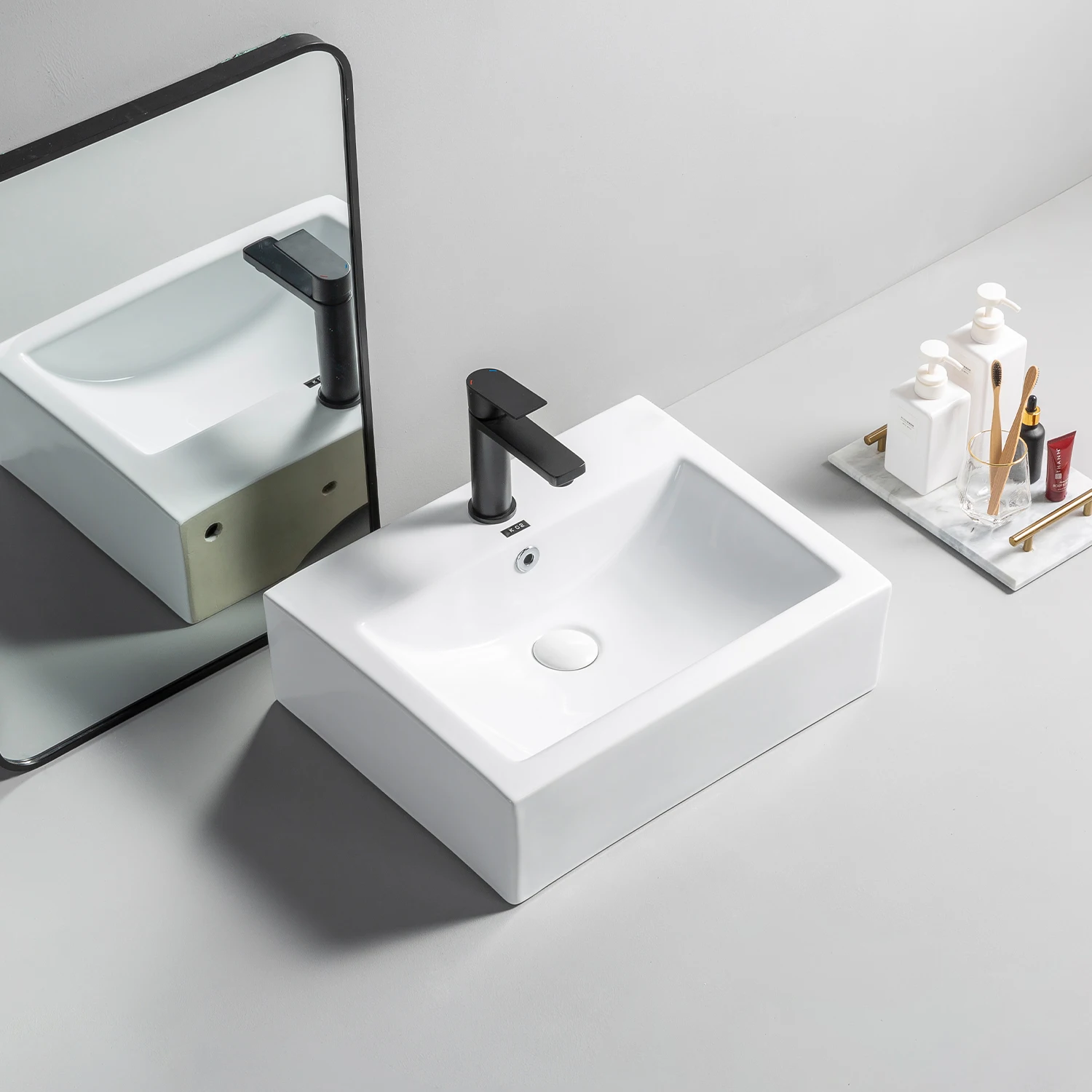 Square Vessel  Lavatory Bathroom Ceramic Wash Hand Basin Sinks Above Counter Art Basin Porcelain  Table Top Mounted