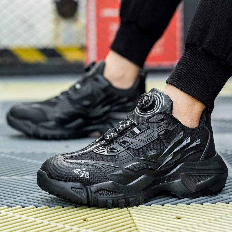 Black swivel button safety shoes lightweight  , Rotating Button Black Safety Shoes Men Work Sneakers
