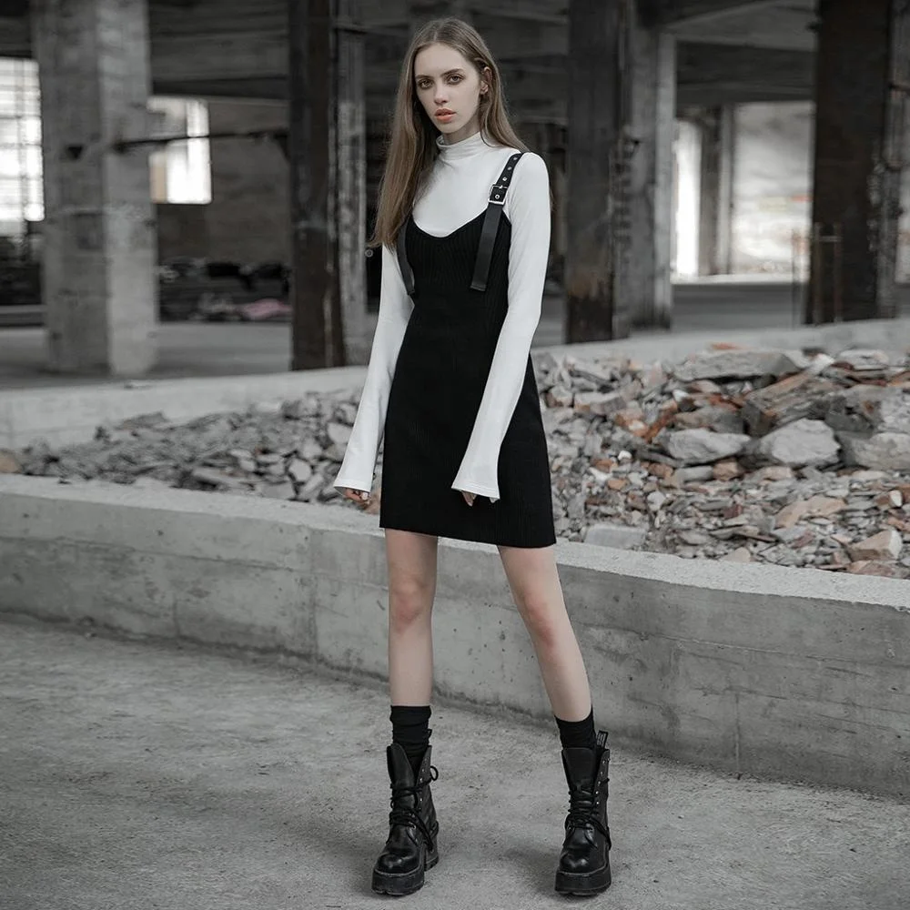 PUNK RAVE OPQ-451 Wool Sling Dress Black Gothic Dress Women Summer Sexy Strap Knitted Dress