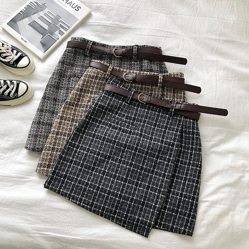 Irregular Lady Sweet High Waist A-line Mini Skirt Korean Female Skirt Autumn Vintage Casual Women Plaid Skirt Chic Sashes
