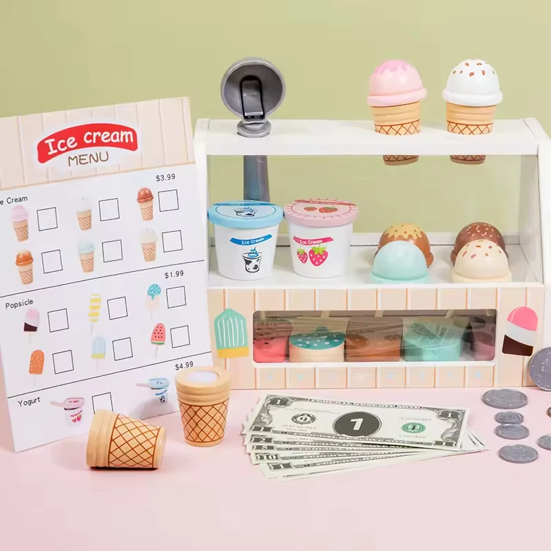 Ice Cream Counter play set for Kids Montessori Pretend Play Food Toys Kitchen Wooden Popsicle Set with Scoop & Cash Ice Cream