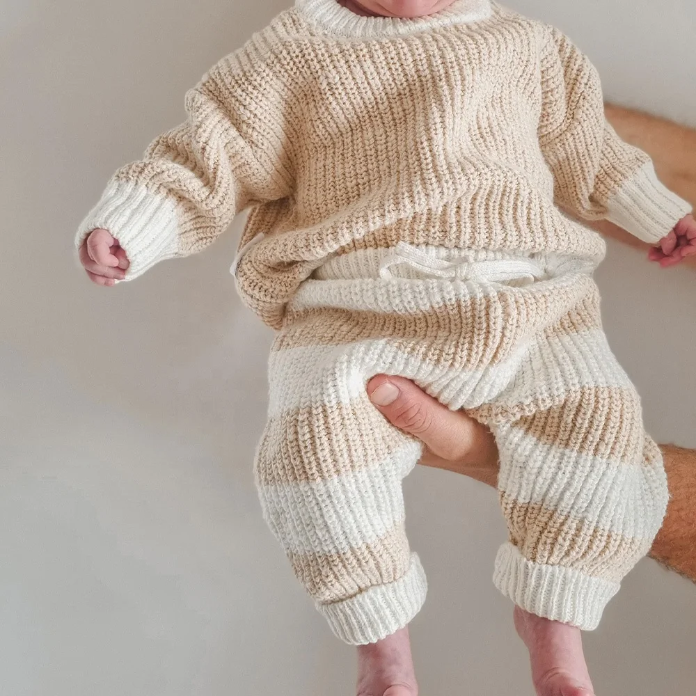 Mildream Toddler Baby Boys Girls Cute Sweater Multi piece set Striped knit Long Sleeve Knitted Sweater set