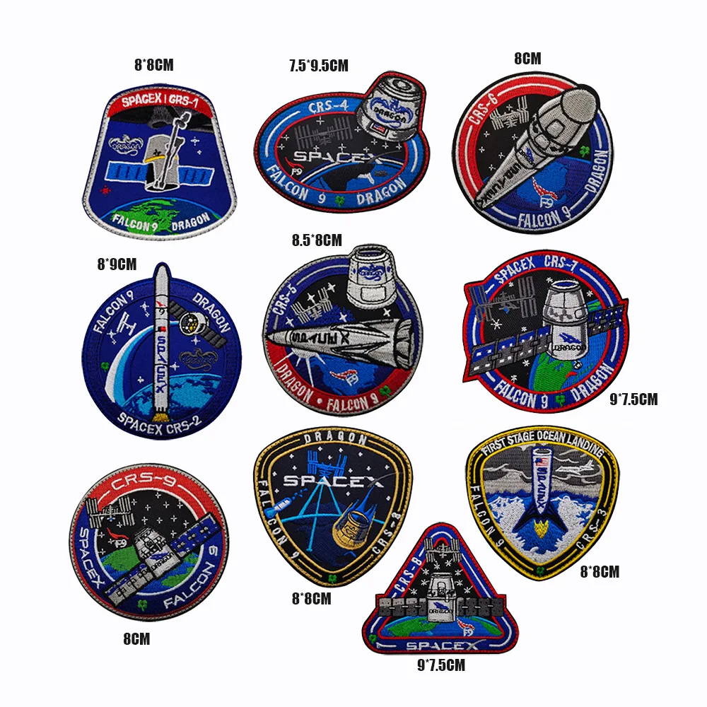 Nasa Space X Falcon 9 Astronaut Dragon Mission Embroidered Identification Morale Patches with Hook Loop Fastener