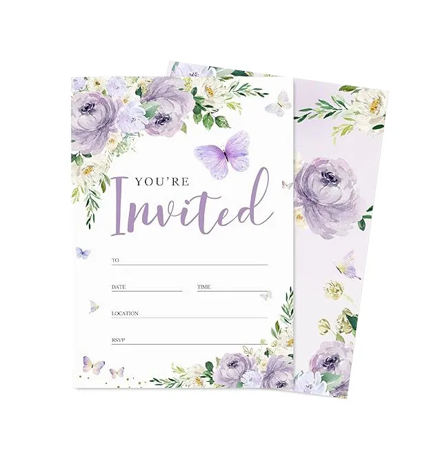 Бабочка фиолетовые Цветочные приглашения с конвертами наклейки весенние акварельные пригласительные бумажные открытки пустые для вечеринки