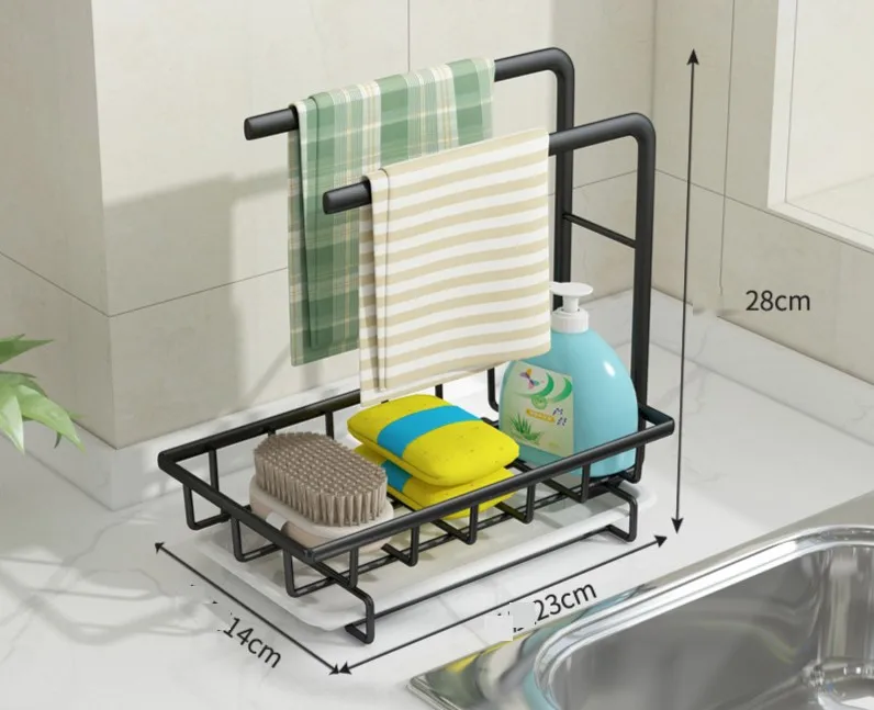 Smart-Furn 2 pole Kitchen Sink Organizer Sponge Holder with Towel Rack Drain Pan for Bathroom Storage Brush Soap Dish Dishcloth
