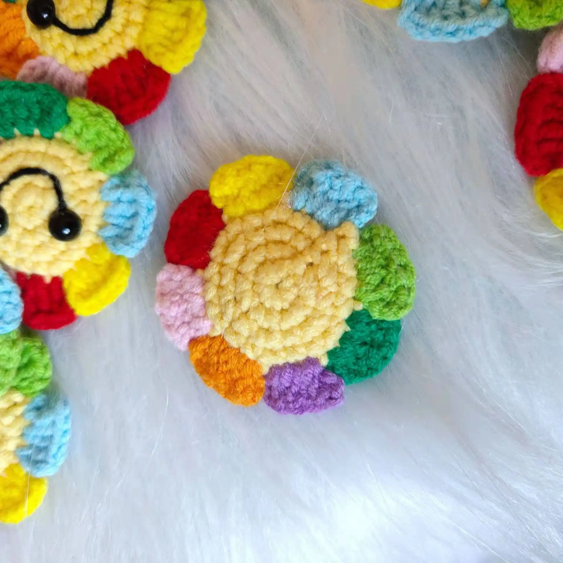 Handmade crocheted knitting lovely woolen yarn rainbow sunflower brooch