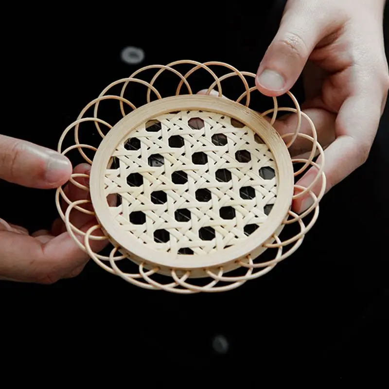 
Japanese Style Bamboo Woven Saucer Handmade Coaster Cup Holder Pot Pad Tea Mat Rattan Woven Cup Holder Coaster 