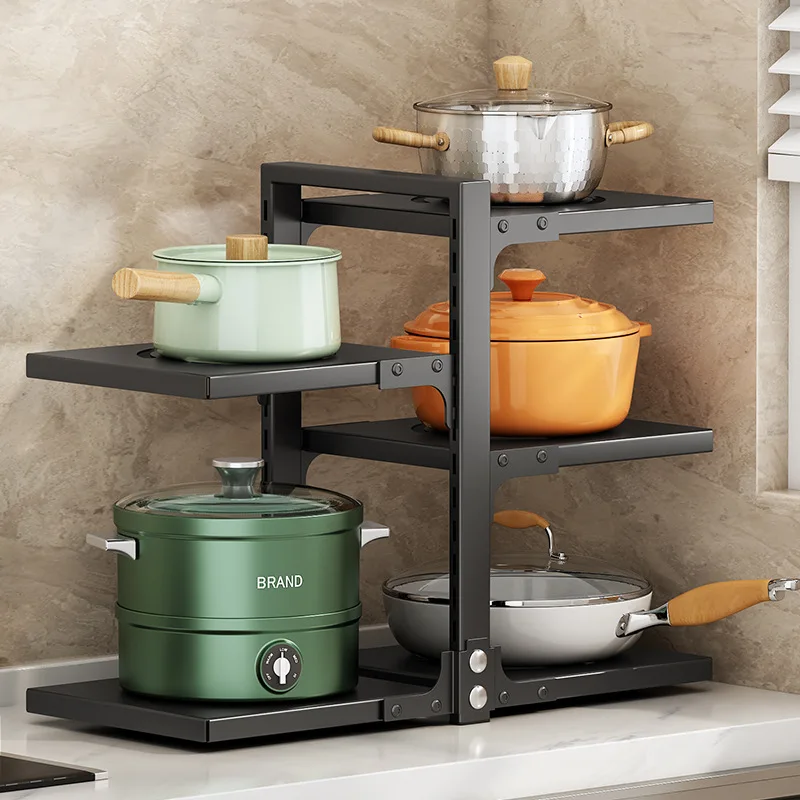 Kitchen update household multi-layer carbon steel pot storage rack Adjustable pot cover storage rack