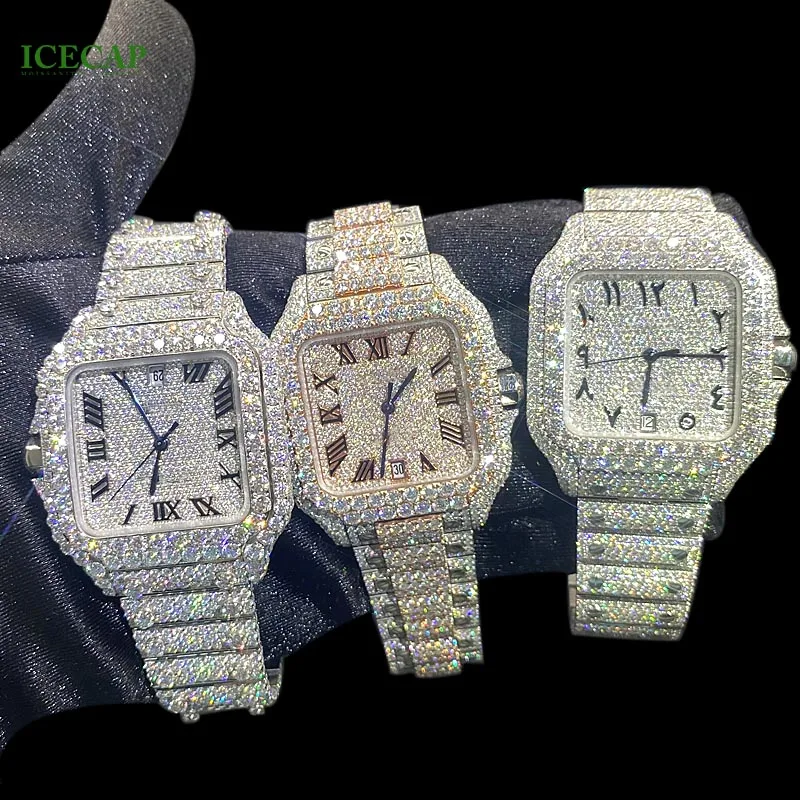 Hip Hop Jewelry Customized Moissanite Watch Luxury VVS Moissanite Diamond Buss down automatic watch for men