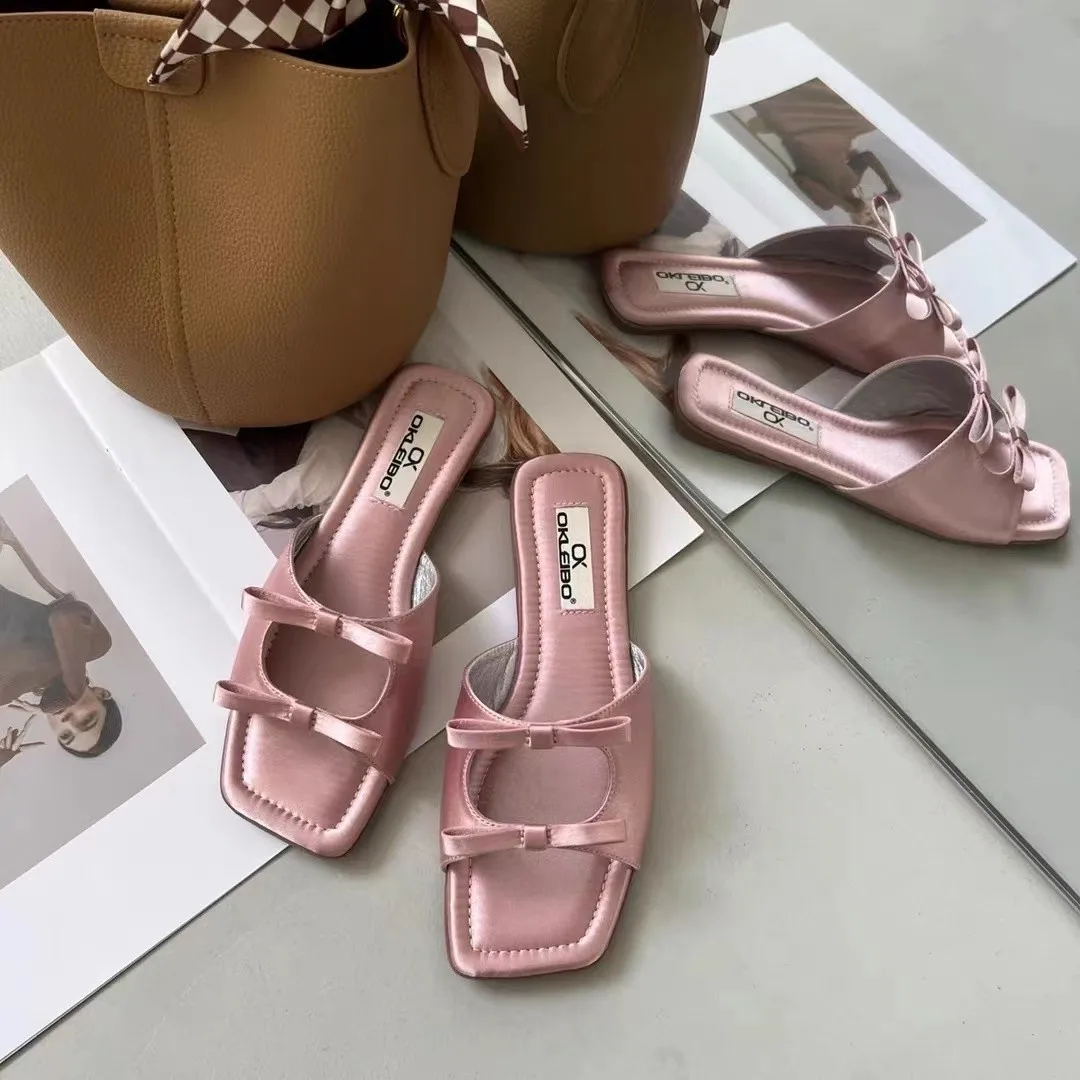French bow flat slippers for women 2024 new summer vacation beach sandals sexy casual open toe shoes