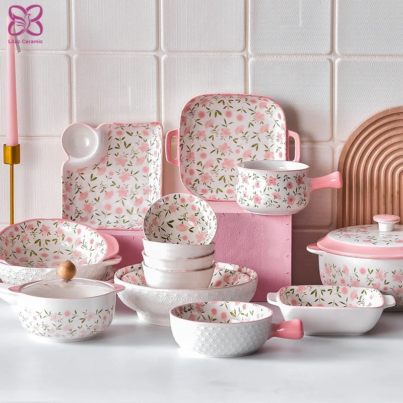 Flower Ceramic Plates and Dishes Baking Display Tray Porcelain Salad Ramen Soup Bowls Dinnerware Set Kitchen & Tabletop