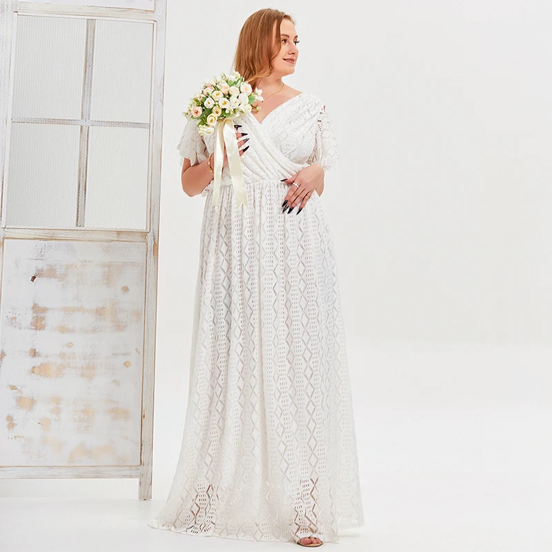 2022 Summer Women Elegant White Lace Long Dress Plus Size Modest Wedding Dress Casual Party Dress