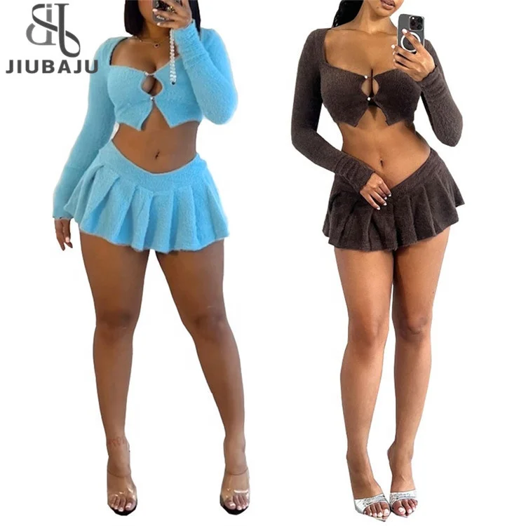 Two Piece Sets Women Outfits 2023 Fluffy Long Sleeve Top and Mini Pleated Skirt Sexy New In Matching Sets