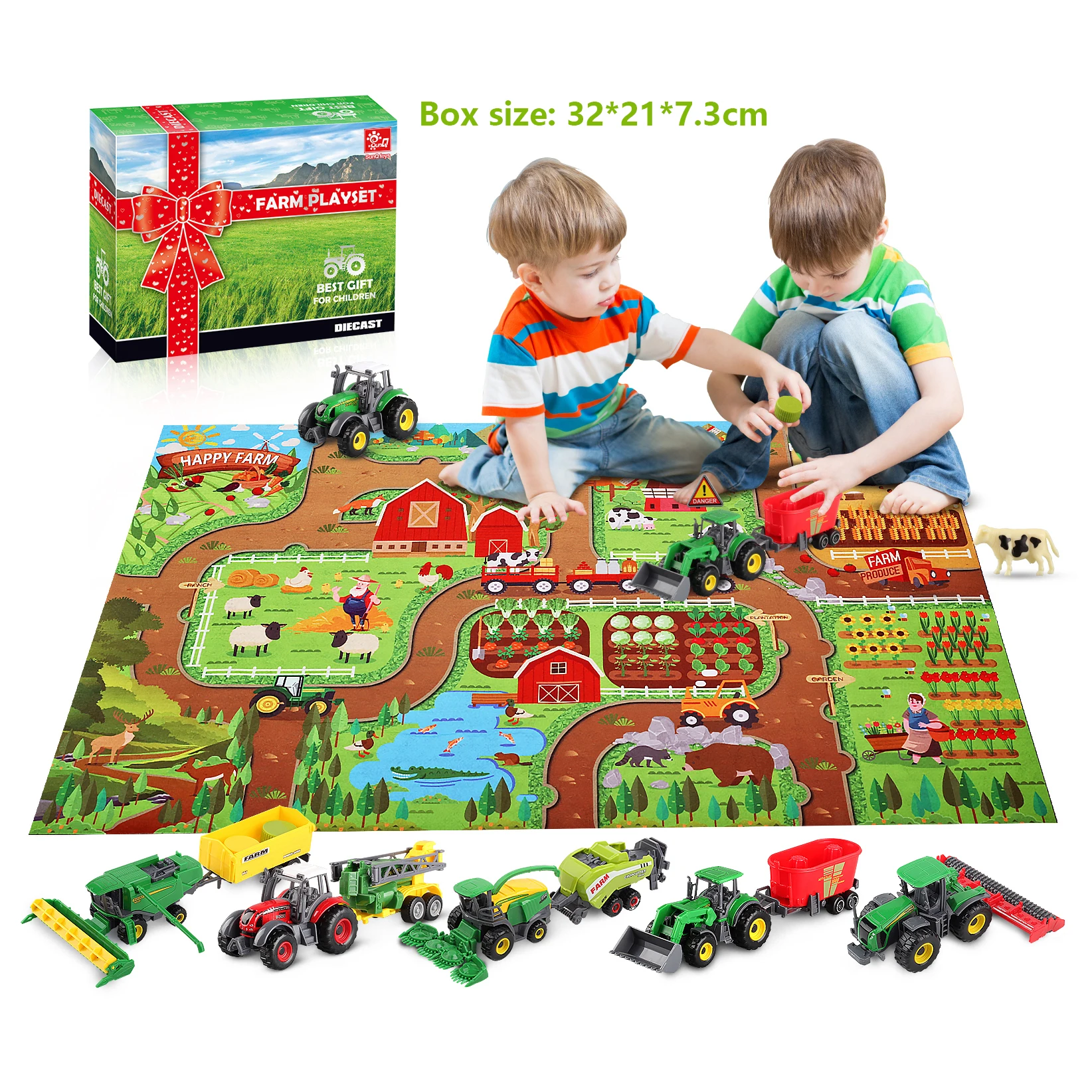 Sunq Factory Price 2023 New Arrive 37Pcs Farm Set Realistic Animal Figures Diecast Car Toy Tractor For Kids With Play Mat
