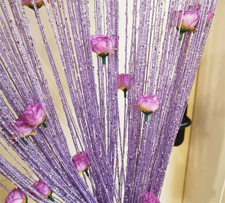 Tassel String Curtain Panels with Artificial Rose Flower Hanging Beaded Fringe Fabric Wedding Living Room Divider Curtains