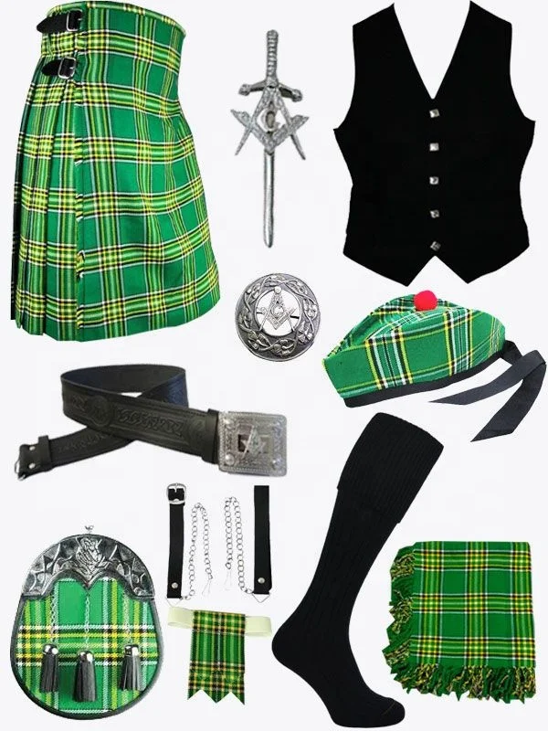 12 Pcs | Irish Tartan Deal Acrylic Kilts Outfit+Sporran+Kilt Belt+Fly Plaid+Brooch+Flasher+Pins+Waist Coat+Socks