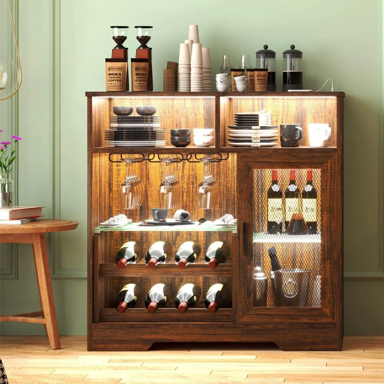 Home Living Dining Room Farmhous Power Outlet Wine Coffee Bar Cabinet Kitchen Sideboard LED Strip Liquor Buffet Rack Cabinet