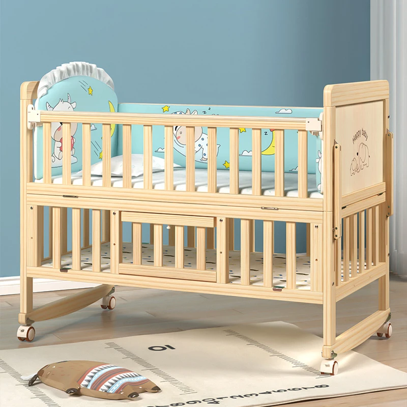 Crib solid wood unpainted baby bed multifunctional bb newborn child stitching big bed shaker cradle
