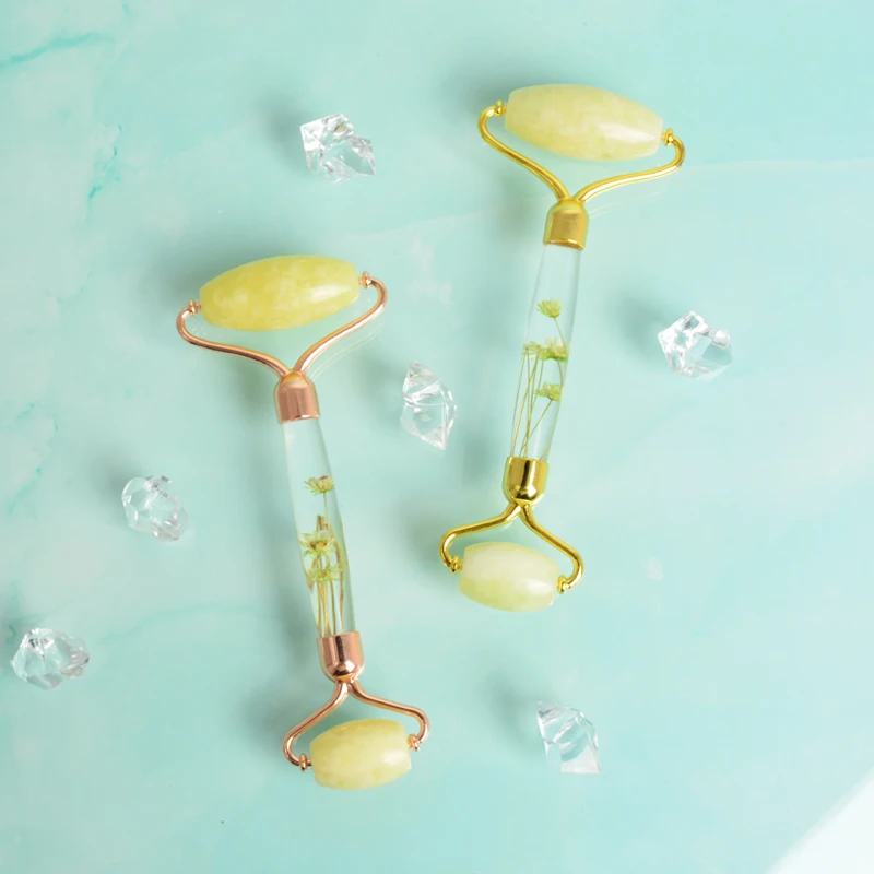 
Jade yellow jade roller infused flower gua sha face jade natural with box 