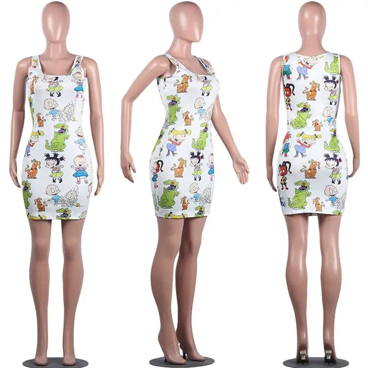 rugrats Hot selling Cartoon printing Lady Elegant Summer Sexy fashion casual Clothes Women Girls' Casual Dress