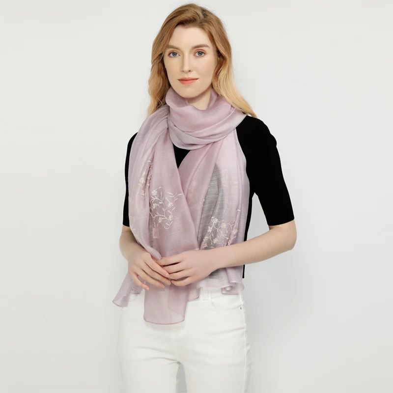 Purple lightweight embroidered silk wool blend fabric scarf cashmere long women shawl