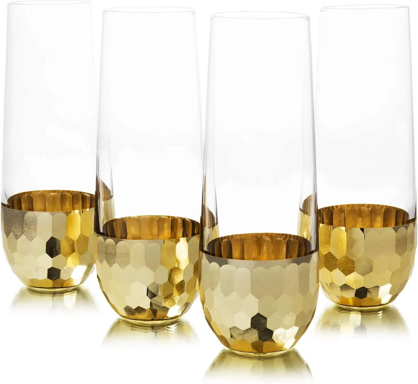 Modern Stemless Champagne Flute Glass Party Drinkware Cocktails Prosecco Mimosa Glasses Hammered Brass Plated Bottoms
