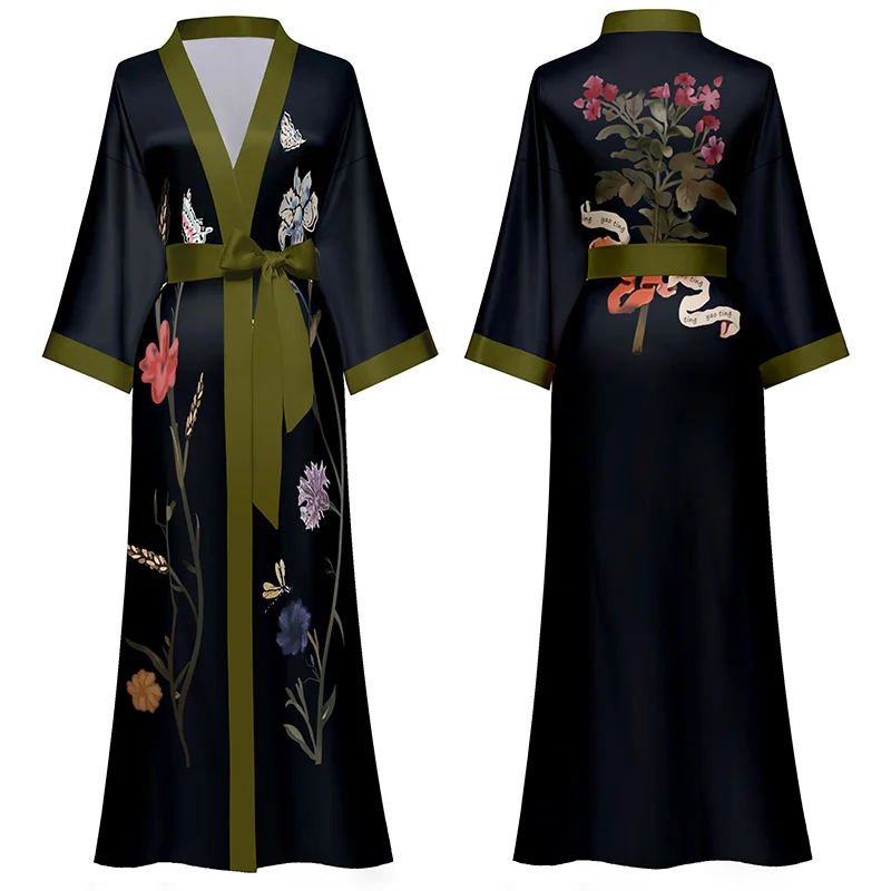 custom hot selling free size kimono collar robes pyjamas women robe smooth women satin silk long kimono robes