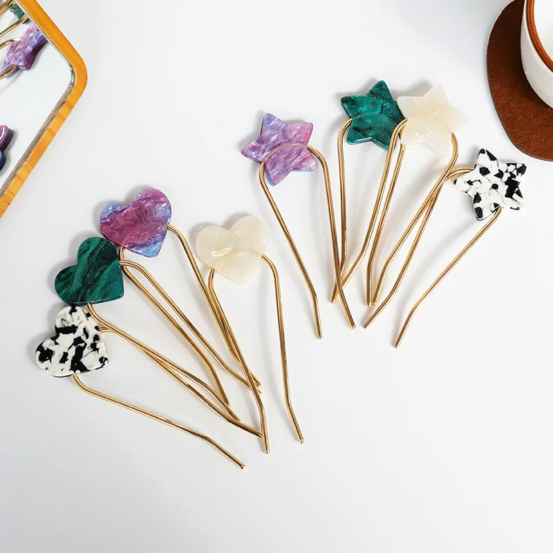 Hair accessories Acetic acid heart star u-shaped hair fork heart five-pointed star metal hairpin headwear hair tray