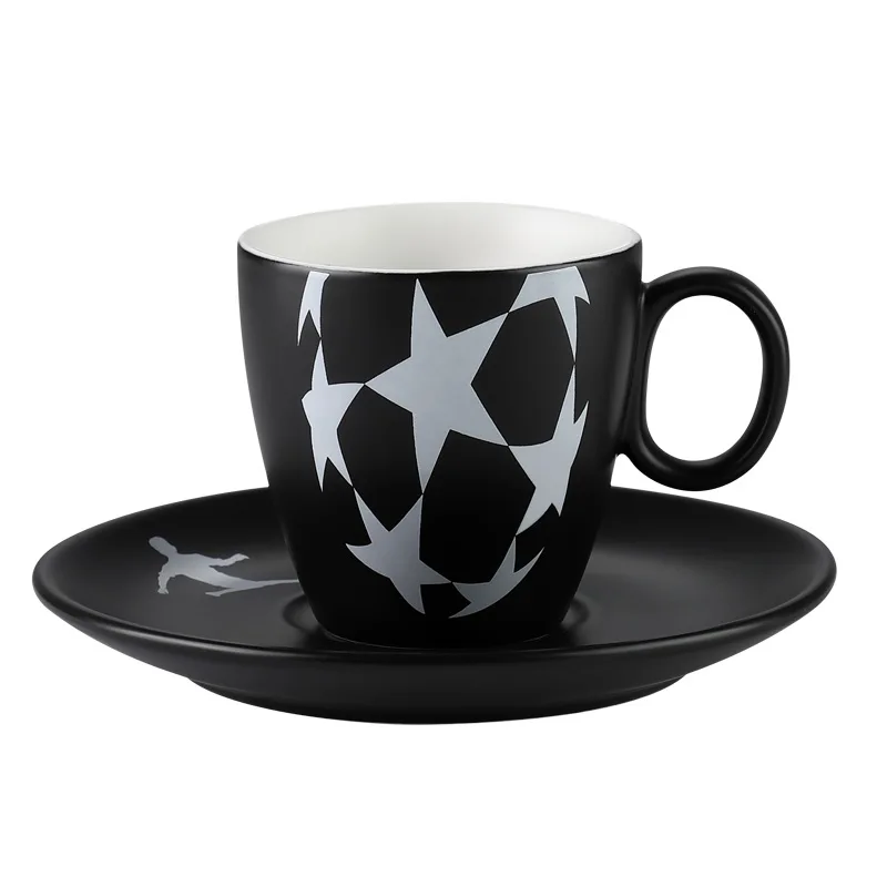 
High Temperature Porcelain Black Tea Coffee Sets Cup And Saucer With Foot Ball Logo 