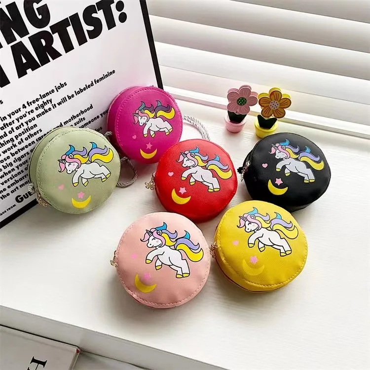 2022 cartoon rainbow horse printed unicorn round lovely baby kids purse mini handbags