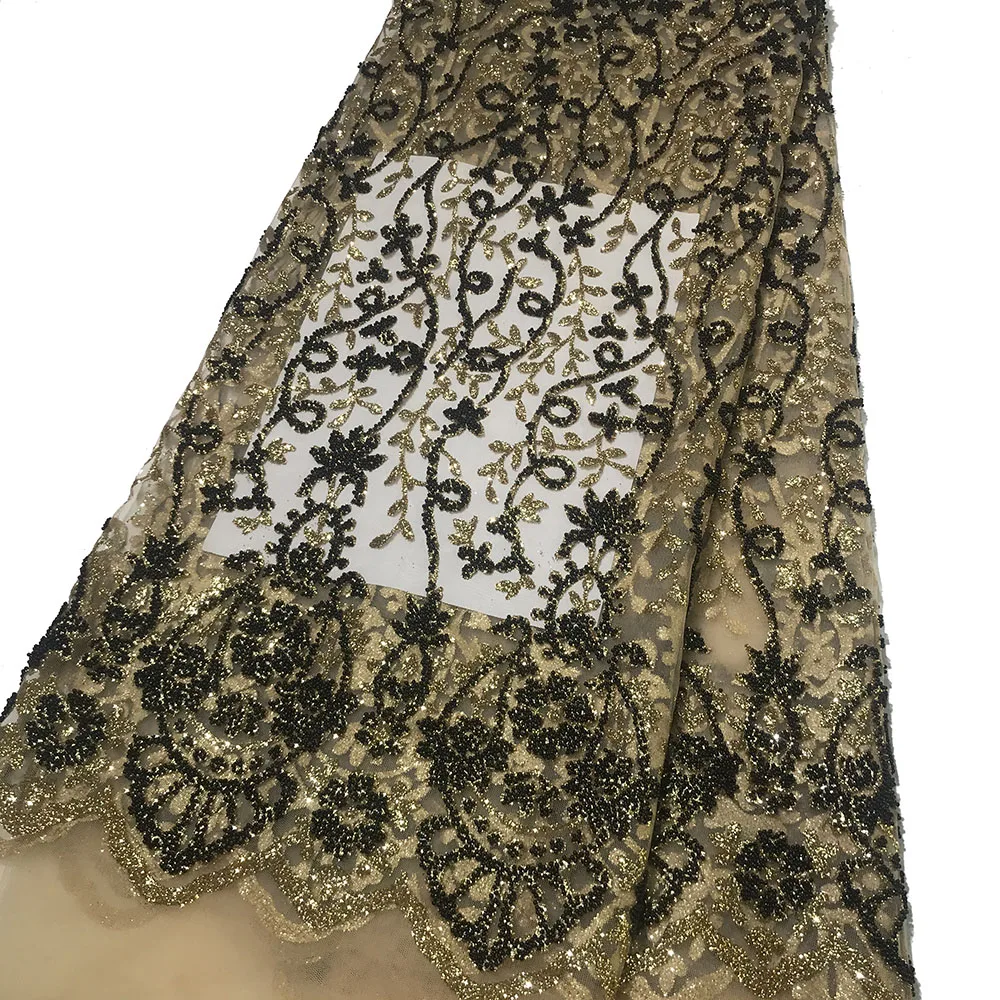 Navy Blue African Luxury Design Glued Beads Floral Lace Fabrics Shining Glitter Sequined Tulle Mesh for Sewing Women Party Dress