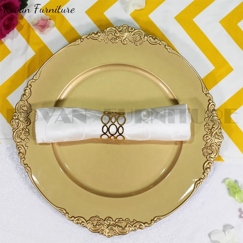 Royal  rose gold rim wedding champagne plastic wedding plates for hotel used plate charger