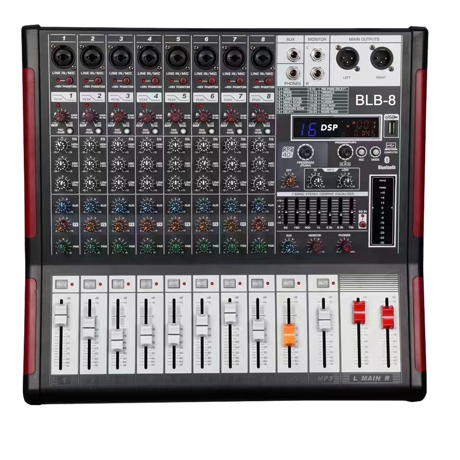 BLB8 8-канальный цифровой 99 DSP 48 В Phantom Power USB Main Band-7 EQ профессиональный звуковой аудиомикшер
