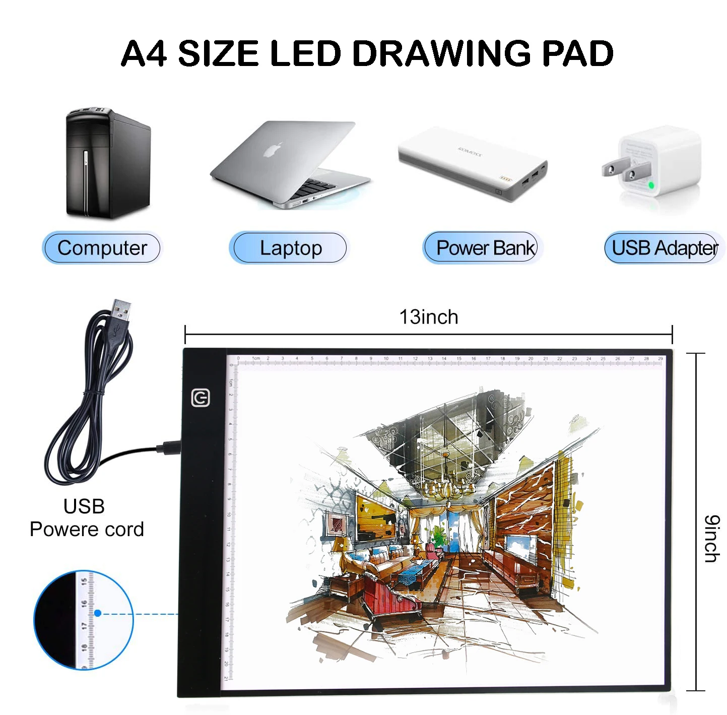 Ультратонкая светодиодная доска для рисования со шкалой, портативная светодиодная подсветка A4 для алмазной живописи для детей