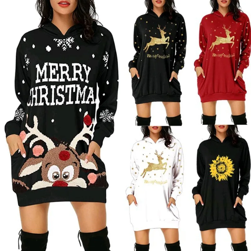 
Dropshipping Christmas Print Pocket Hooded Long Sleeve Hooded Skirt Elegant Casual Dresses Womens Dresses Casual Dresses 