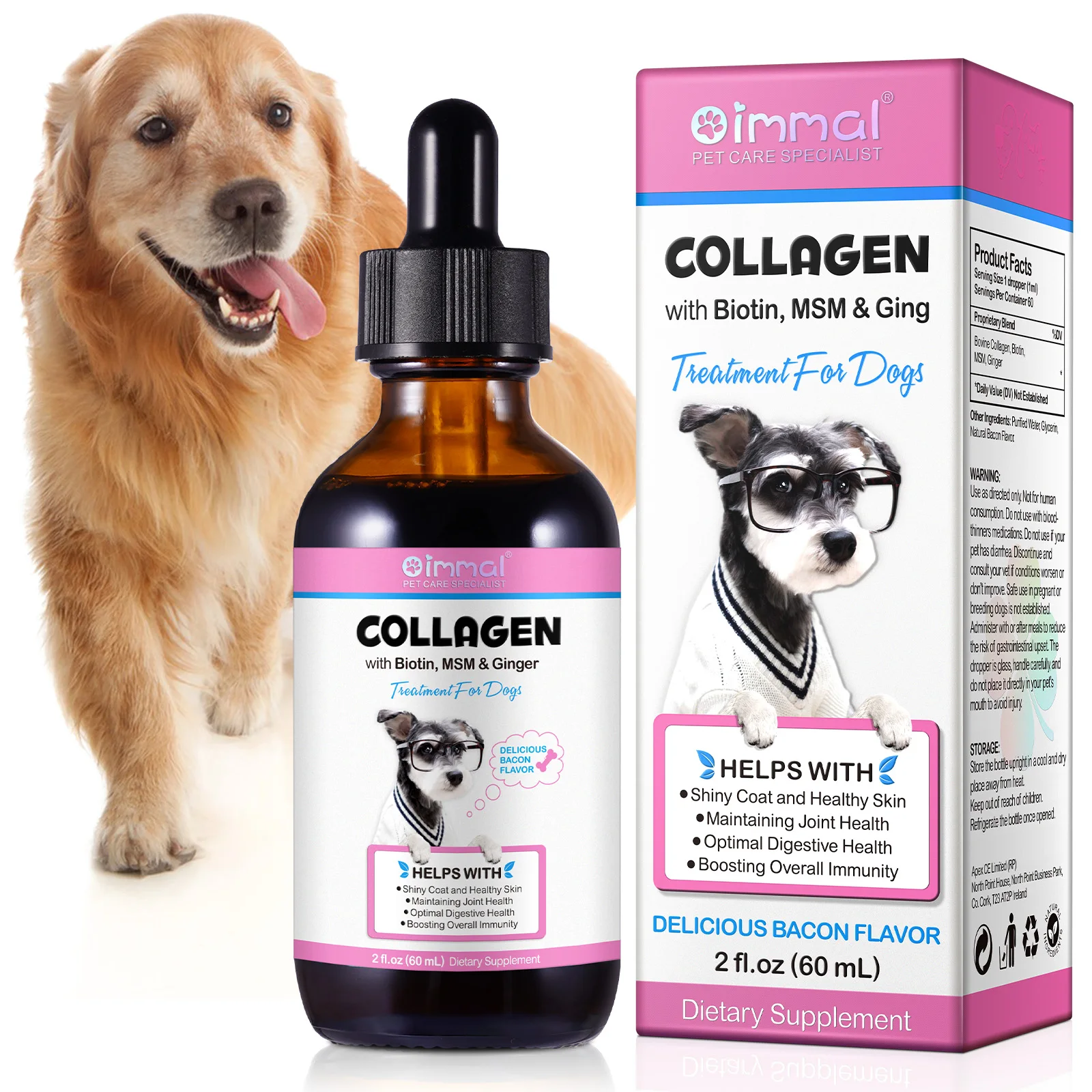 Oimmal Pet Skin and Coat Health Supplement Bacon Flavor Liquid Collagen for Dogs Aid Digestive Joint Support with Biotin