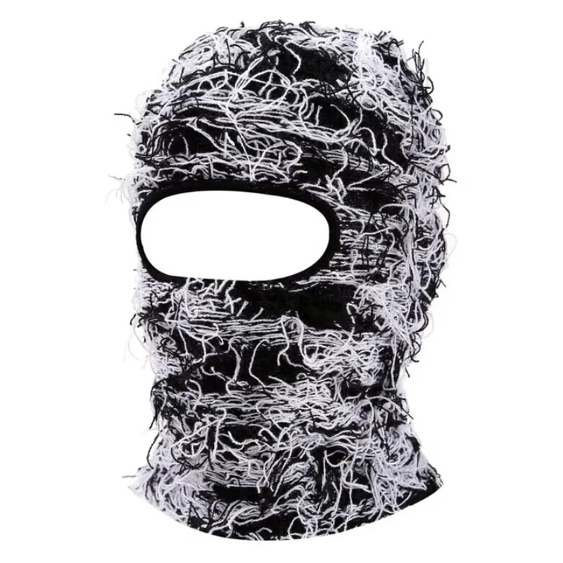 High Quality Unisex Acrylic Fashion Knit 1 Hole Black Ski Mask Jacquard Design Custom Distressed Full Face Cover Balaclava