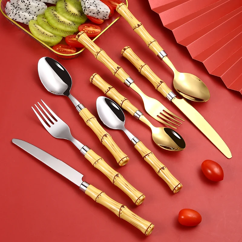 Reusable Fork Knife Serving Spoon With Bamboo Handle 430 Stainless Steel Flatware Set