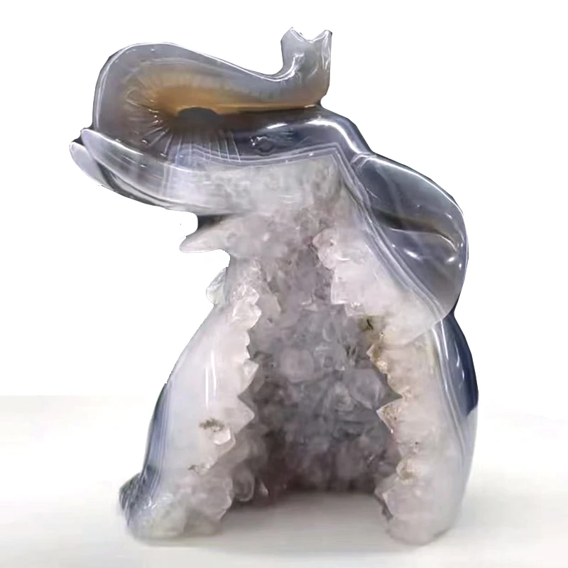 natural crystal agate cluster druzy hand caved elephant carving animal folk crafts