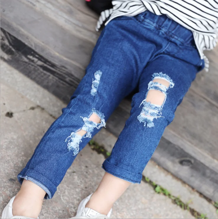 
Custom Wholesale Factory Children Teen Girls Fashion designer distressed Denim Pants Spring Kids Ripped Jeans 