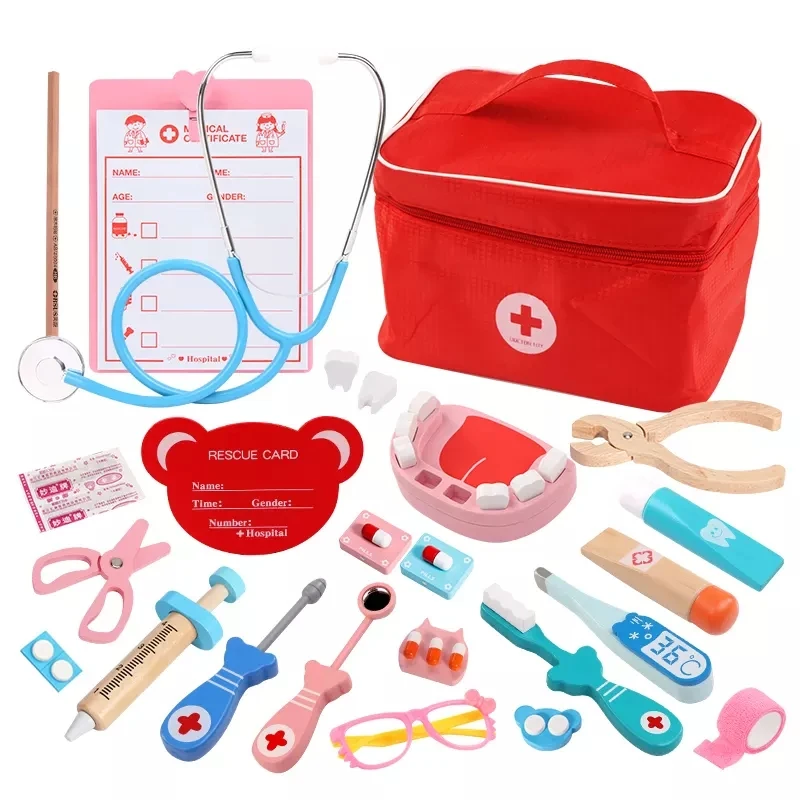 Amazon Hot Sale Diy Pretend Play Operating Table Wood Doctor Toys Set Kit For Kids