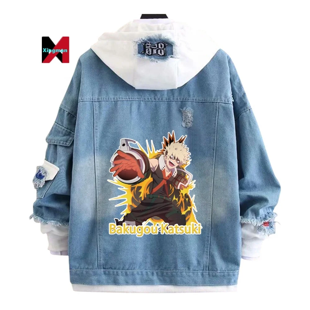 My Hero Academia Denim Jacket Bakugou Katsuki Hooded Sweatshirt Men Harajuku Outwear Coats Cosplay Anime