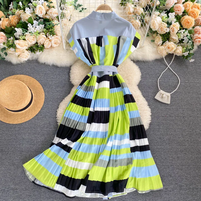 Women Pleated Blouses Dress Korean Sleeveless Single Breasted A-line Dresses Summer Elegant Fashion Streetwear Vestidos