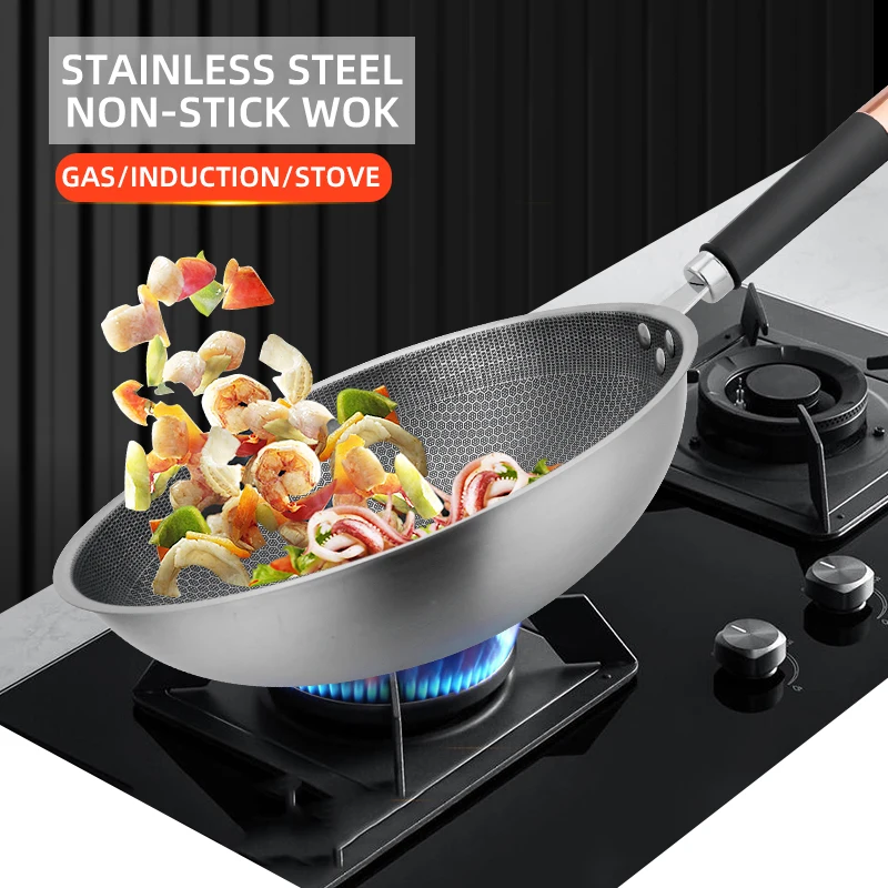 Forged restaurant polish stainless steel wok fry pan, big kitchen cookware high quality honeycomb deep non stick frying pan