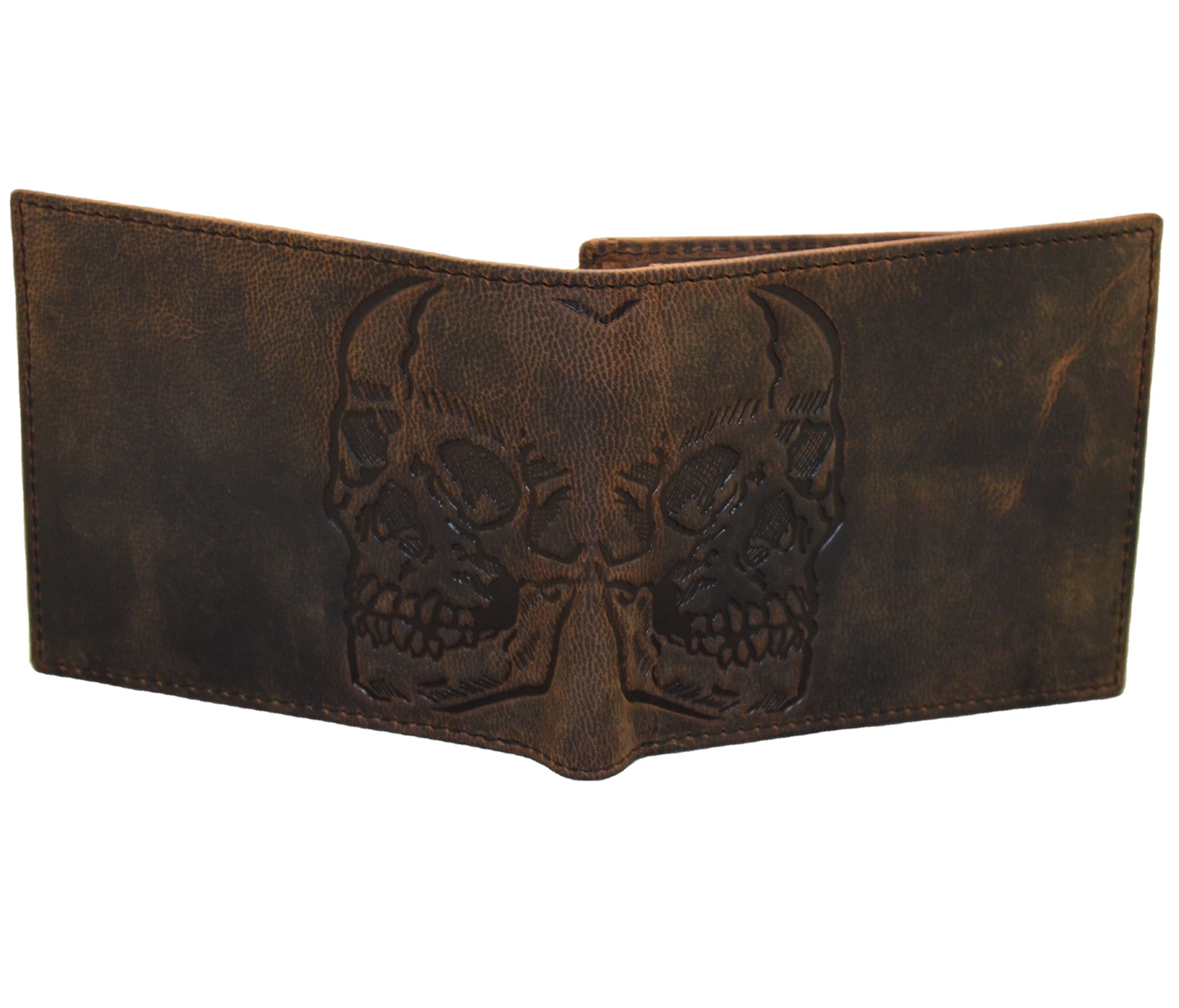 Premium Leather Multi Card Capacity Wallet with RFID Protection for Mens SKULL Double ID Bifold Hand Burnished High Quality