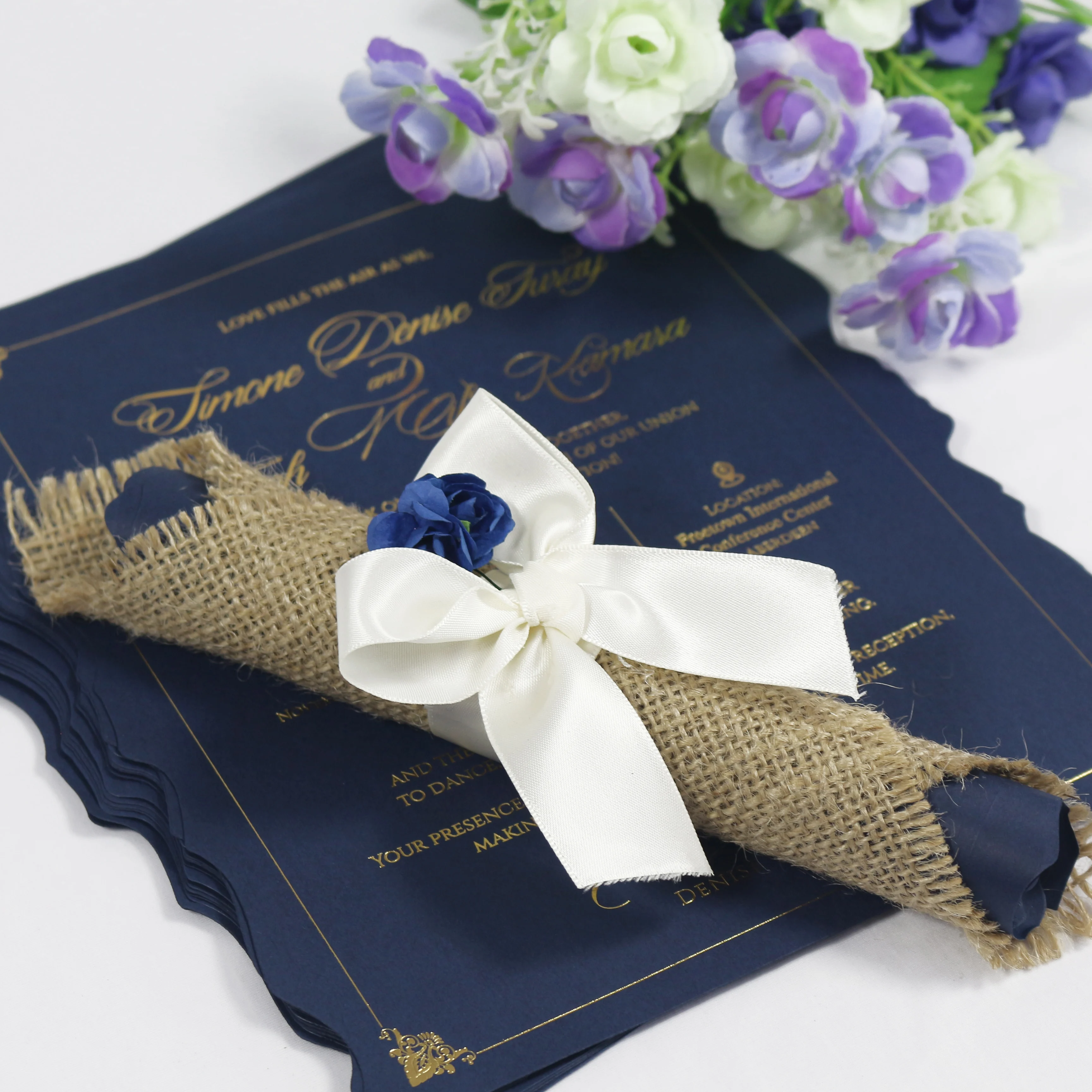 High Quality Unique Linen Scroll Wedding Invitation with Wooden Box Gold Foil Navy Roll Card Ribbon Bow and Flower Decoration
