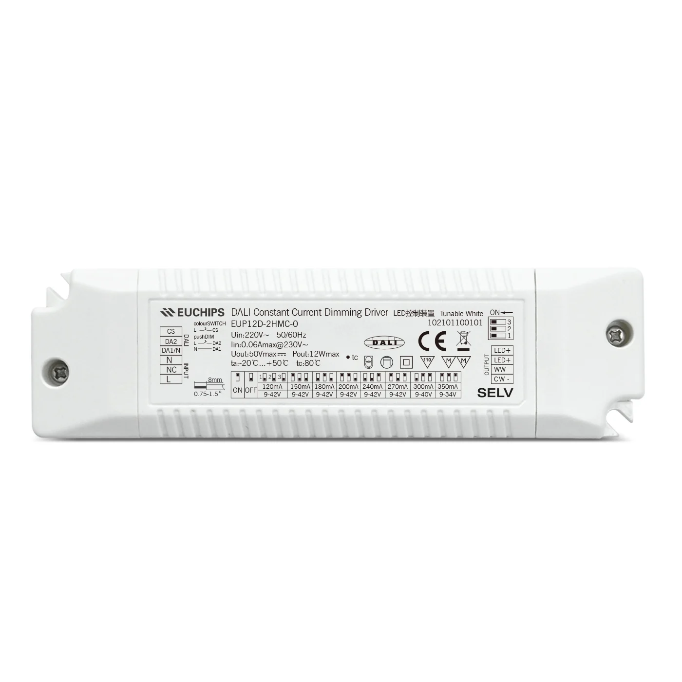 EUCHIPS 12W DT8 Dimmable Selectable LED Driver Dual Channel Tunable White Constant Current 120mA-350mA Dali Driver